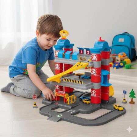 kreiraj sliku dečaka kako se igra sa ovom velikom garažom od 70cm