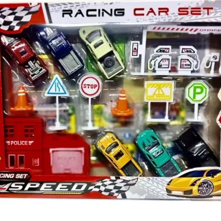 Racing Car Speed Set sa 6 metalnih autica saobraćajnim znacima i policijskom stanicom 3+