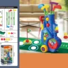 Decji golf set sa plavim kolicima 3 palice loptice rupe i podlogom za zatvoreno i otvoreno