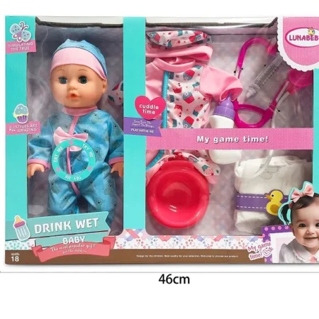 Lunabebe Drink Wet Baby beba lutka koja pije i piski sa odelcem pelenom flasicom i nosom