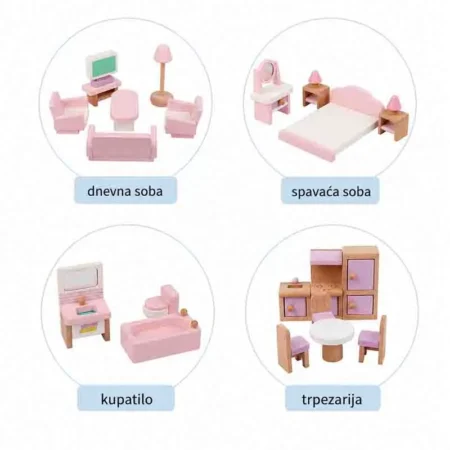 Dečija drvena kućica sa nameštajem – roze MSN19029 — slika 4